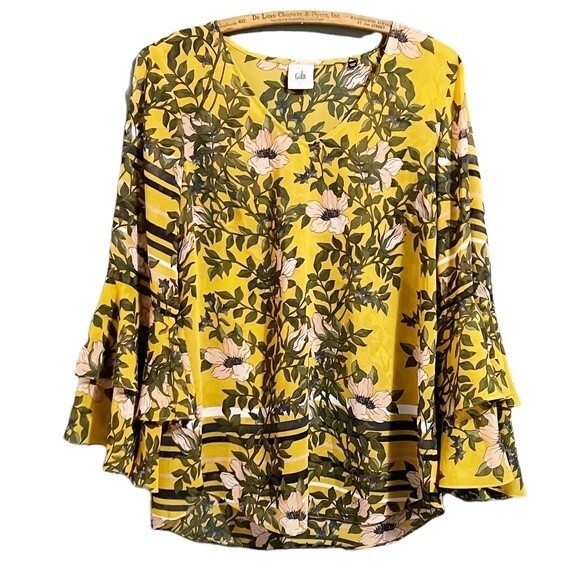 Cabi Top Trumpet Sleeve Yellow & Pink Floral Print Blouse Size Small Mod Boho - Picture 1 of 9